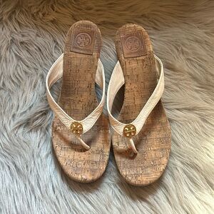Tory Burch White and Gold Platform Flip Flops